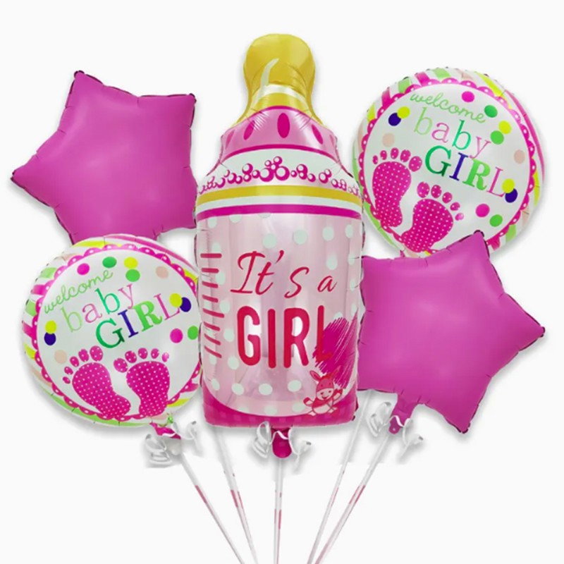 Baloane decorative GENDER REVEAL PARTY, Flippy, Figurina Sticluta, Model IT'S A GIRL, Set din 5 baloane, 40 x 77 cm, pentru Botez, Roz [1]