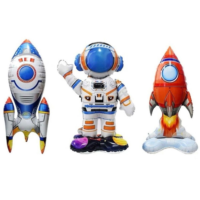 Baloane din Folie Metalizata, Flippy, set 3 Baloane pentru Baieti, Model Astronaut 49 x 69 cm, Racheta Alba 31 x 61 cm, Racheta Rosie 36 x 69 cm, Pai din carton inclus, Multicolor [1]