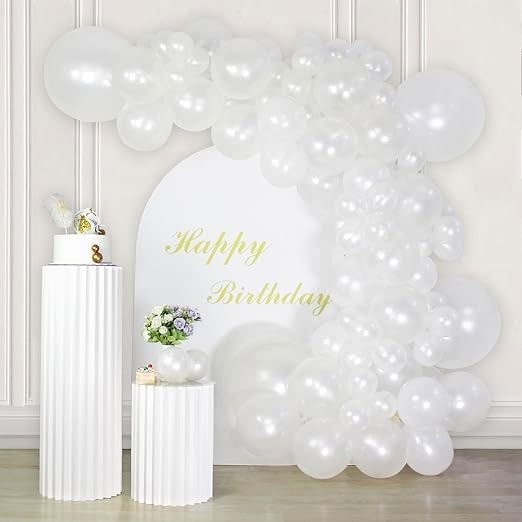 Baloane din Latex pentru Arcada, Flippy, Set din 120 baloane, Model Party, Botez, Pai transparent si adeziv inclus in cutie, 23 cm, Alb [3]