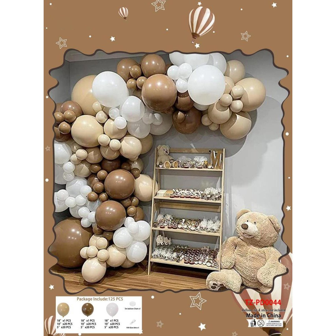 Baloane din Latex pentru Arcada, Flippy, Set Mix din 125 baloane, Model Petrecere pentru Arcada, Baloane Party, 12 cm, 25 cm, 45 cm, Pai si Adeziv inclus in pachet, Maro, Alb, Bej [2]