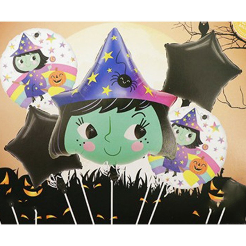 Baloane Halloween, Flippy, set din 5 Baloane, 1 Little Witch Halloween, 2 stele negre, 2 baloane rotunde multicolore, din folie de aluminiu, 30- 40 cm, pai de carton inclus, Multicolor [3]