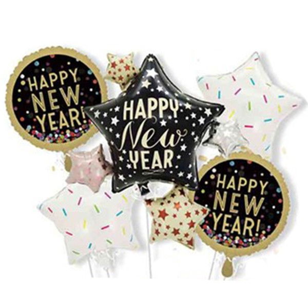 Baloane pentru aniversare, Flippy, tematica Happy New Year, set 9 baloane, 1 Stea Mare 83 x 90 cm, 6 stele, 2 rotunde, din folie de aluminiu, pai de carton inclus, Negru [1]