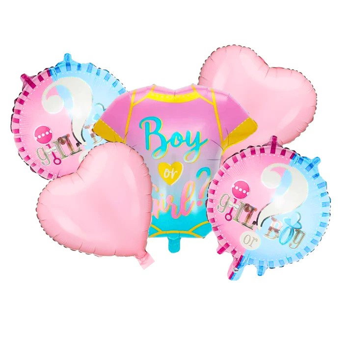 Baloane pentru GENDER REVEAL, Flippy, Model Petrecere, Set din 5 bucati, din folie de aluminiu, 55 x 61.5 cm Roz Albastru [1]