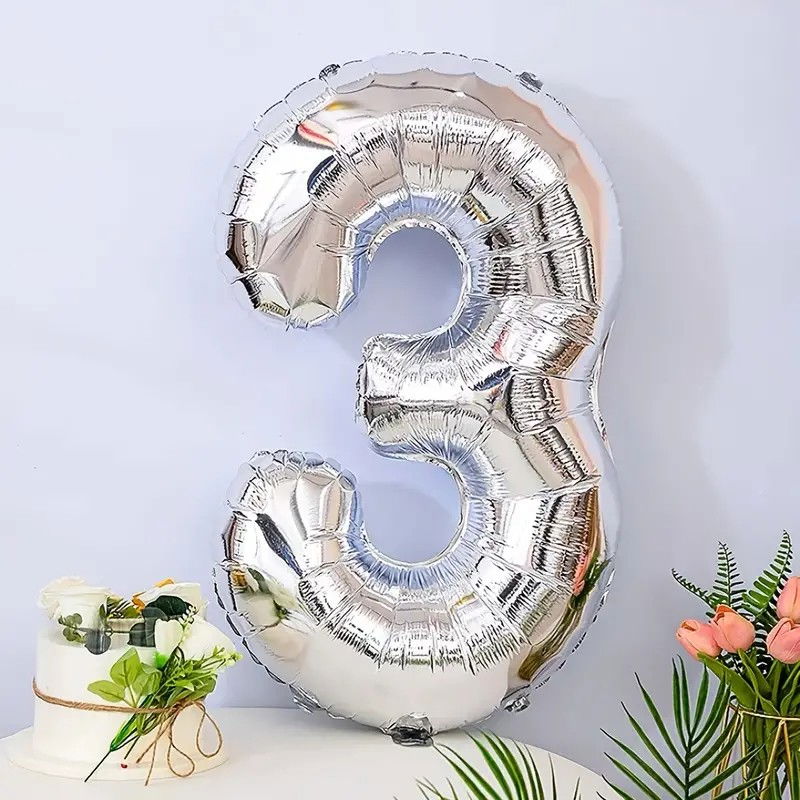 Balon din Folie Flippy, Cifra 3, 81 cm, Pentru Aer sau Heliu, Bulk, Argintiu [2]