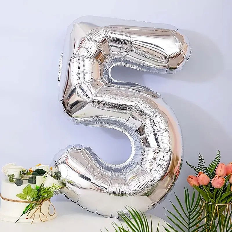 Balon din Folie Flippy, Cifra 5, 81 cm, Pentru Aer sau Heliu, Bulk, Argintiu [2]