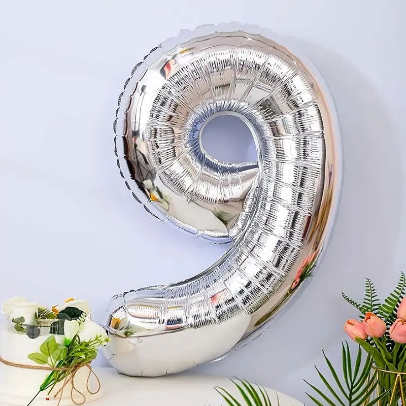 Balon din Folie Flippy, Cifra 9, 81 cm, Pentru Aer sau Heliu, Bulk, Argintiu [2]