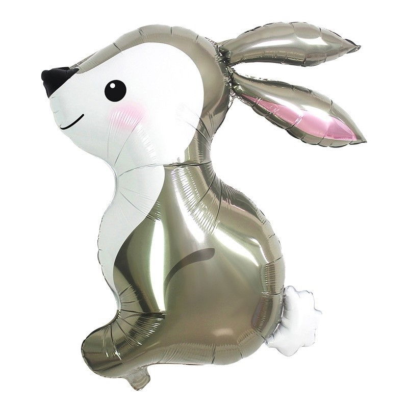 Balon din Folie Metalizata, Flippy, Ambalaj Individual, Pai Inclus, Model Iepure, Tema Animalute, 56x73 cm, Umflare cu Aer sau Heliu, Gri [1]