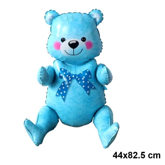 Balon din Folie Metalizata, Flippy, Figurina Animalute, Model Ursulet Asezat, Tematica Aniversare, 44x82.5 cm, Ambalaj Individual, Pai Inclus, Umflare cu Aer sau Heliu, Albastru [4]