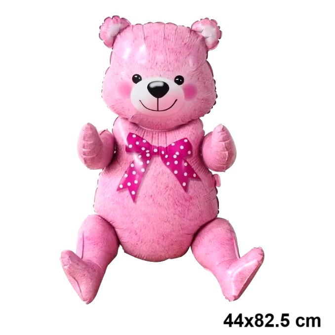 Balon din Folie Metalizata, Flippy, Figurina Animalute, Model Ursulet Asezat, Tematica Aniversare, 44x82.5 cm, Ambalaj Individual, Pai Inclus, Umflare cu Aer sau Heliu, Roz [4]