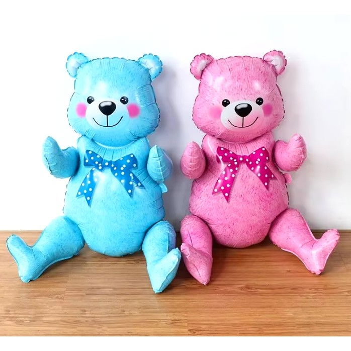 Balon din Folie Metalizata, Flippy, Figurina Animalute, Model Ursulet Asezat, Tematica Aniversare, 44x82.5 cm, Ambalaj Individual, Pai Inclus, Umflare cu Aer sau Heliu, Roz [3]