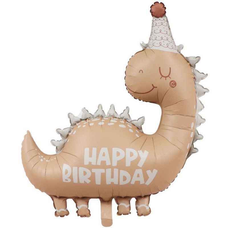 Balon din Folie Metalizata, Flippy, Figurina Animata, Model Dinozaur Happy Birthday, 80 x 77 cm, Ambalaj Individual, Pai Inclus, Umflare cu Aer sau Heliu, Maro [1]
