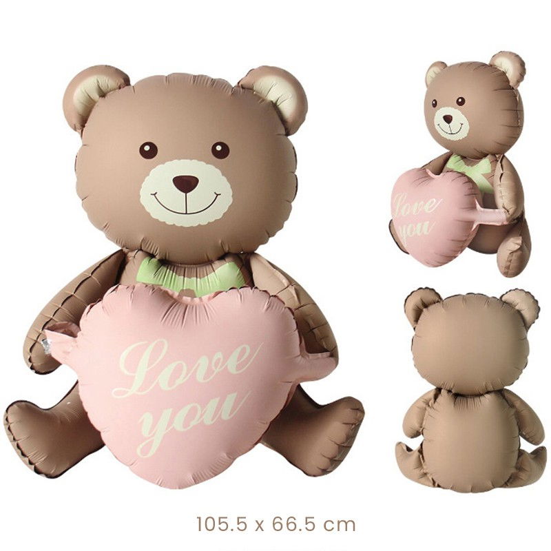 Balon din Folie Metalizata, Flippy, Figurina Animata, Model Ursulet cu Inimioare, 105.5 x 66.5 cm, Ambalaj Individual, Pai Inclus, Umflare cu Aer sau Heliu, Maro [3]