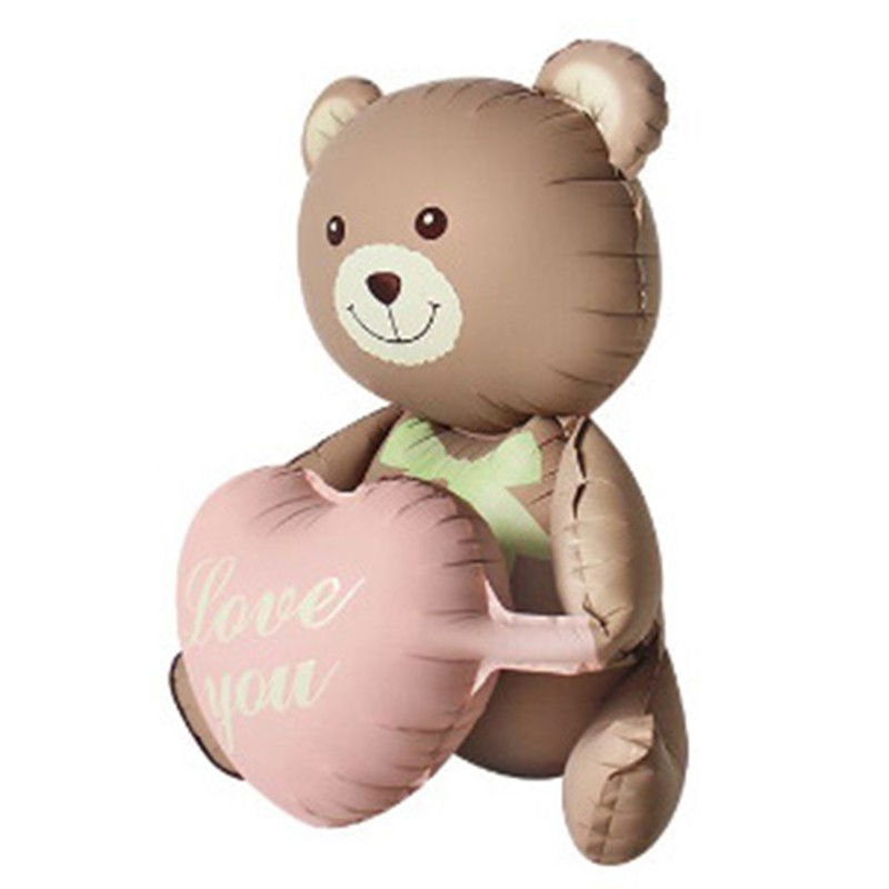 Balon din Folie Metalizata, Flippy, Figurina Animata, Model Ursulet cu Inimioare, 105.5 x 66.5 cm, Ambalaj Individual, Pai Inclus, Umflare cu Aer sau Heliu, Maro [2]