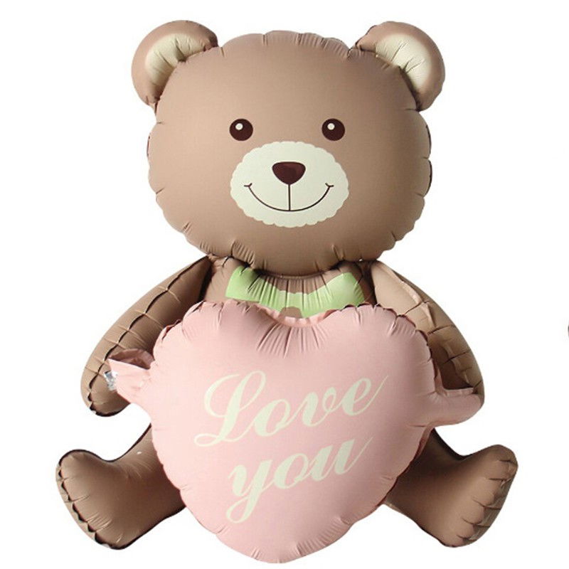 Balon din Folie Metalizata, Flippy, Figurina Animata, Model Ursulet cu Inimioare, 105.5 x 66.5 cm, Ambalaj Individual, Pai Inclus, Umflare cu Aer sau Heliu, Maro [1]