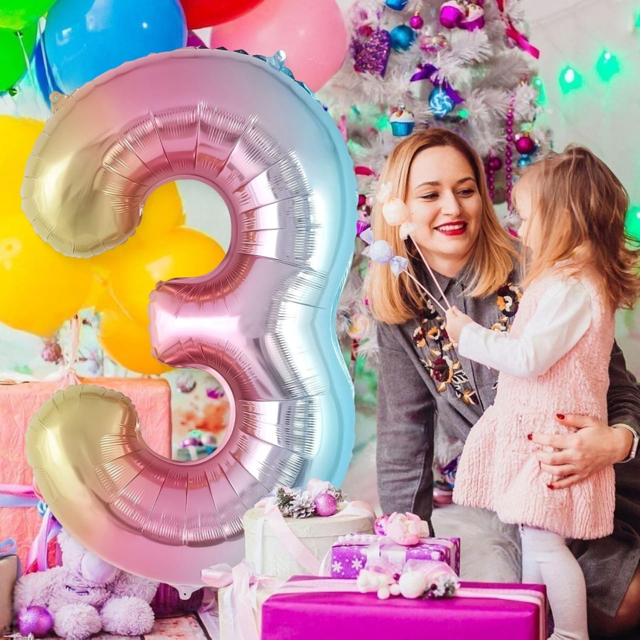 Balon din Folie Metalizata Flippy, Figurina Cifra Gradient, Tema Aniversare 40 cm, Ambalaj Individual, Pai inclus, Umflare cu Aer sau Heliu, Multicolor, Cifra 3 [3]