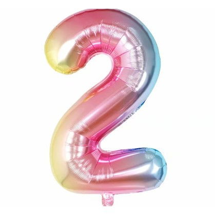 Balon din Folie Metalizata Flippy, Figurina Cifra Gradient, Tema Aniversare 40 cm, Ambalaj Individual, Pai inclus, Umflare cu Aer sau Heliu, Multicolor, Cifra 2 [1]