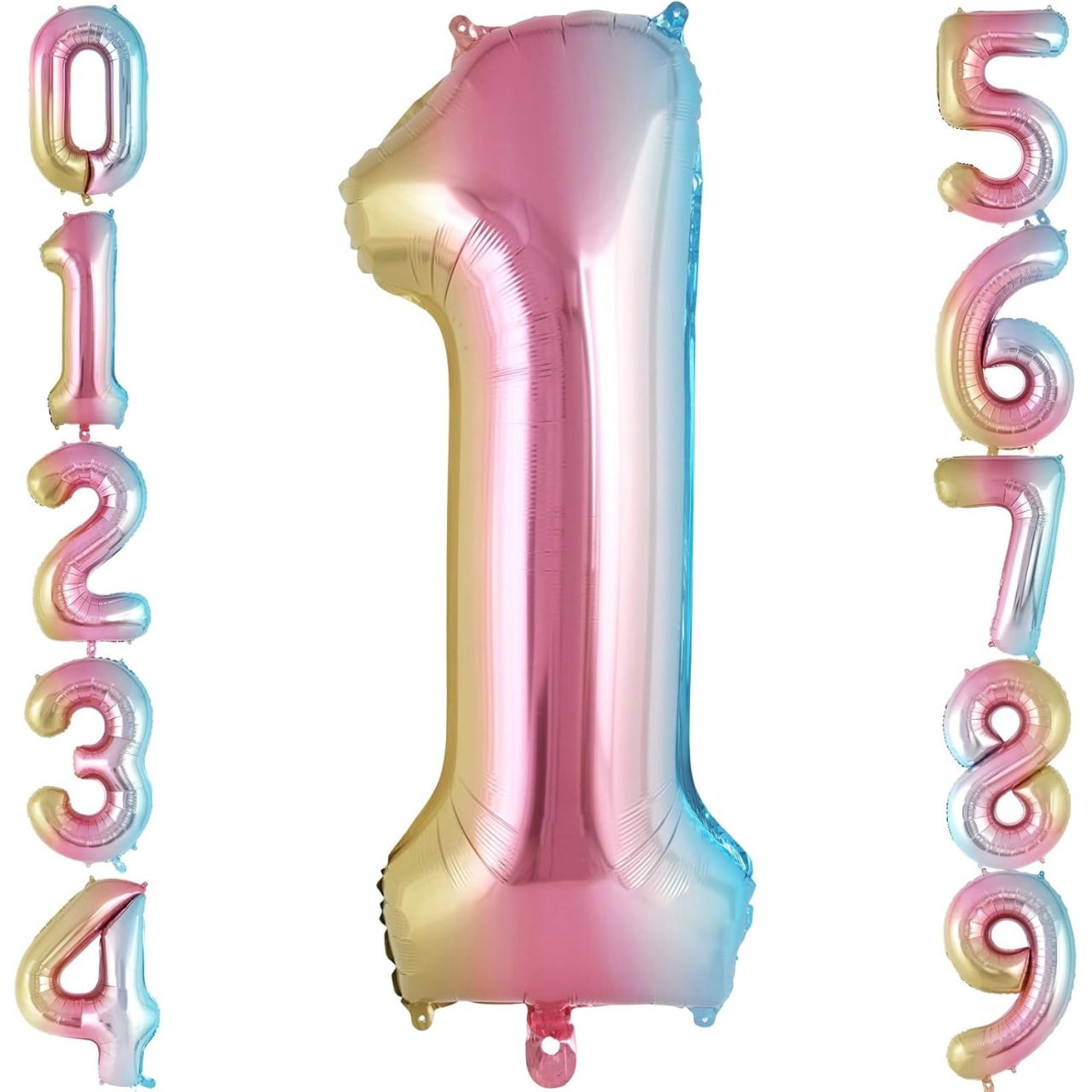 Balon din Folie Metalizata Flippy, Figurina Cifra Gradient, Tema Aniversare 40 cm, Ambalaj Individual, Pai inclus, Umflare cu Aer sau Heliu, Multicolor, Cifra 1 [6]