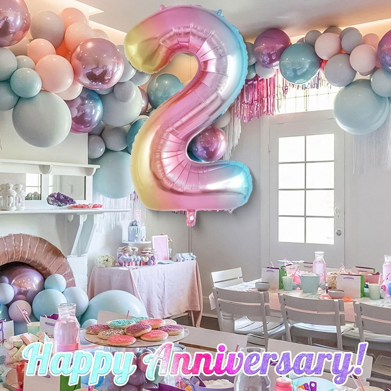 Balon din Folie Metalizata Flippy, Figurina Cifra Gradient, Tema Aniversare 40 cm, Ambalaj Individual, Pai inclus, Umflare cu Aer sau Heliu, Multicolor, Cifra 2 [2]