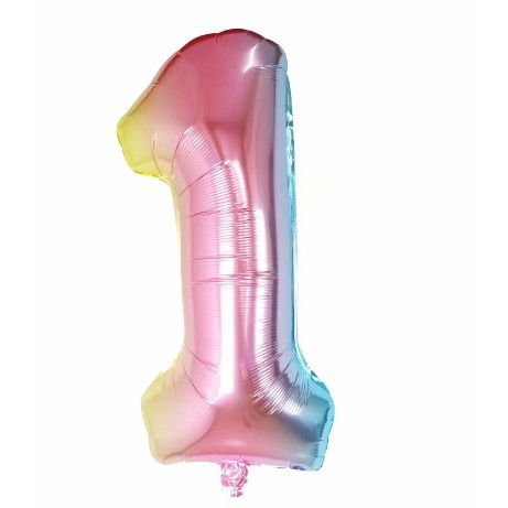 Balon din Folie Metalizata Flippy, Figurina Cifra Gradient, Tema Aniversare 40 cm, Ambalaj Individual, Pai inclus, Umflare cu Aer sau Heliu, Multicolor, Cifra 1 [1]