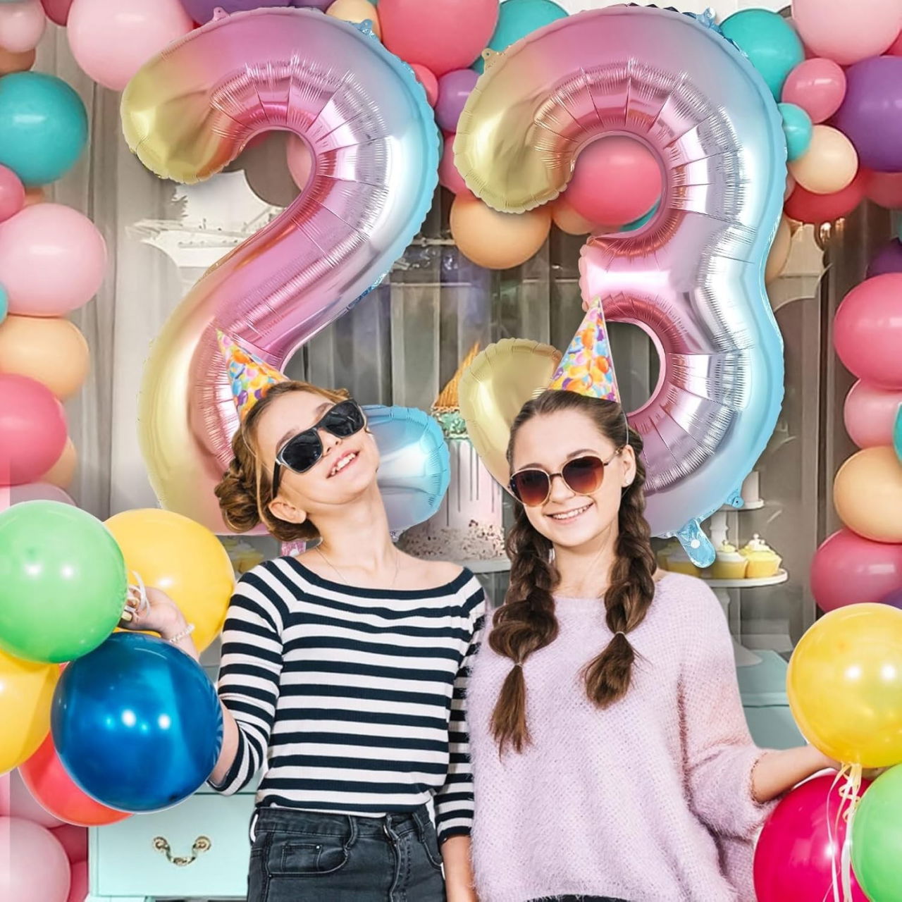 Balon din Folie Metalizata Flippy, Figurina Cifra Gradient, Tema Aniversare 40 cm, Ambalaj Individual, Pai inclus, Umflare cu Aer sau Heliu, Multicolor, Cifra 3 [2]