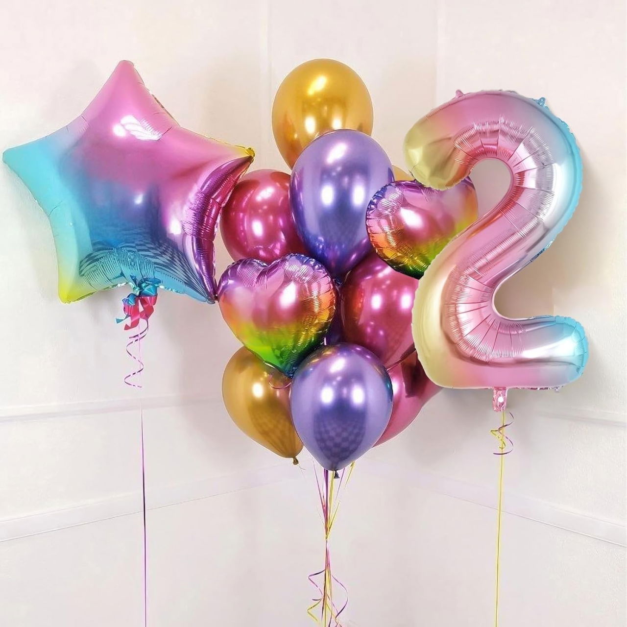Balon din Folie Metalizata Flippy, Figurina Cifra Gradient, Tema Aniversare 40 cm, Ambalaj Individual, Pai inclus, Umflare cu Aer sau Heliu, Multicolor, Cifra 2 [5]