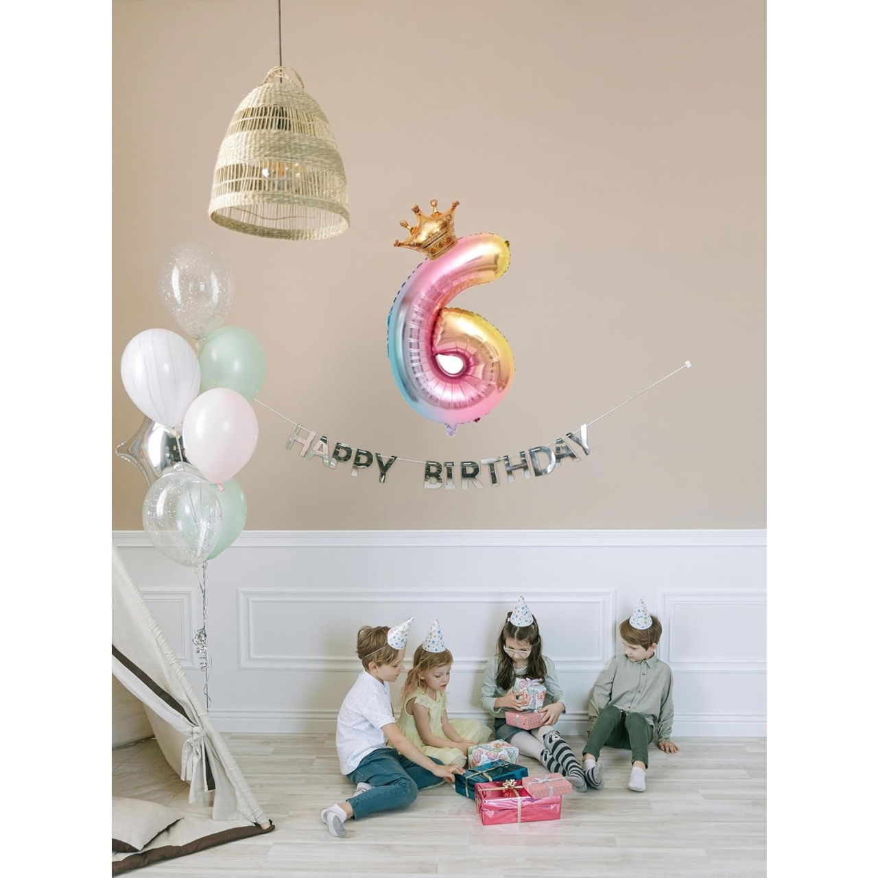 Balon din Folie Metalizata, Flippy, Figurina Cifra Gradient, Tema Aniversare 80 cm, Ambalaj Individual, Pai inclus, Umflare cu Aer sau Heliu, Coronita, Cifra 6 [3]