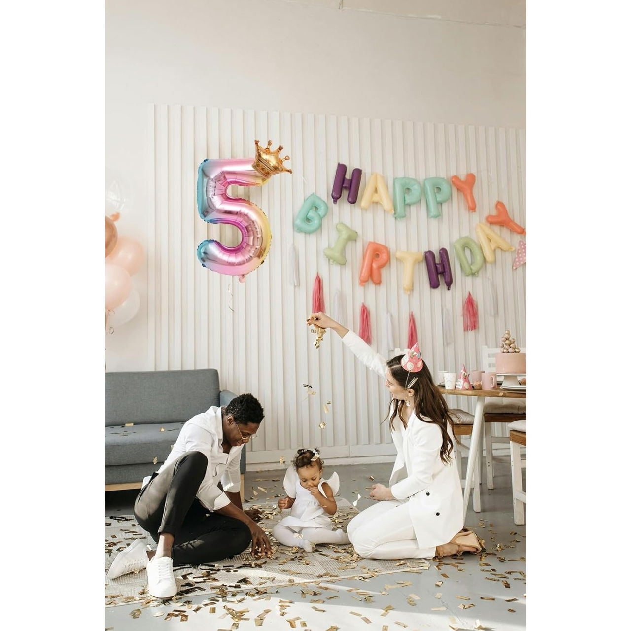 Balon din Folie Metalizata, Flippy, Figurina Cifra Gradient, Tema Aniversare 80 cm, Ambalaj Individual, Pai inclus, Umflare cu Aer sau Heliu, Coronita, Cifra 5 [6]