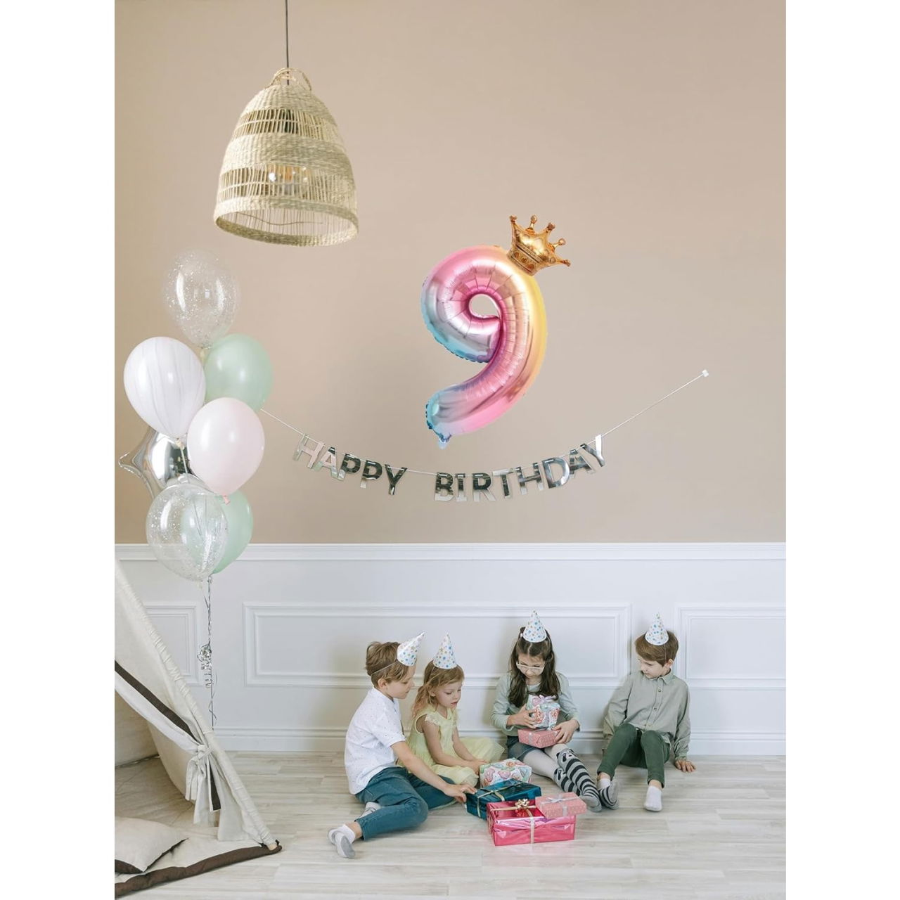 Balon din Folie Metalizata, Flippy, Figurina Cifra Gradient, Tema Aniversare 80 cm, Ambalaj Individual, Pai inclus, Umflare cu Aer sau Heliu, Coronita, Cifra 9 [3]