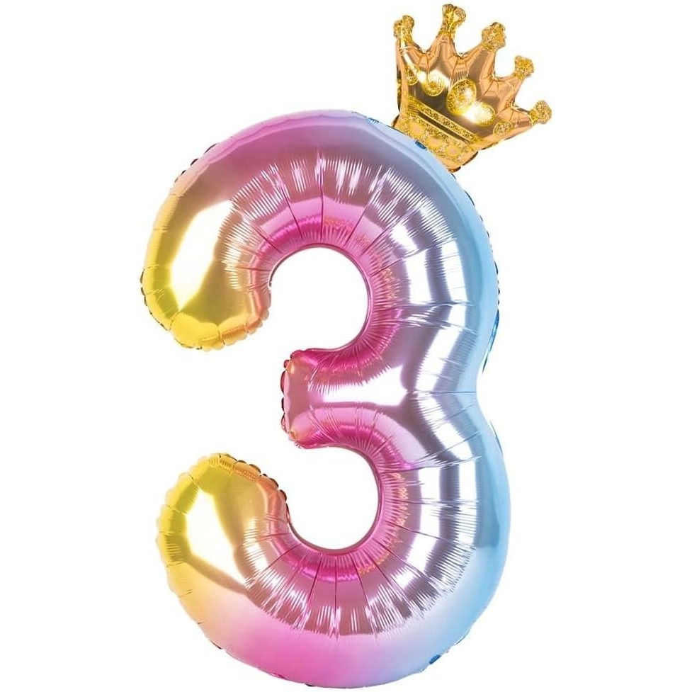 Balon din Folie Metalizata, Flippy, Figurina Cifra Gradient, Tema Aniversare 80 cm, Ambalaj Individual, Pai inclus, Umflare cu Aer sau Heliu, Coronita, Cifra 3 [4]