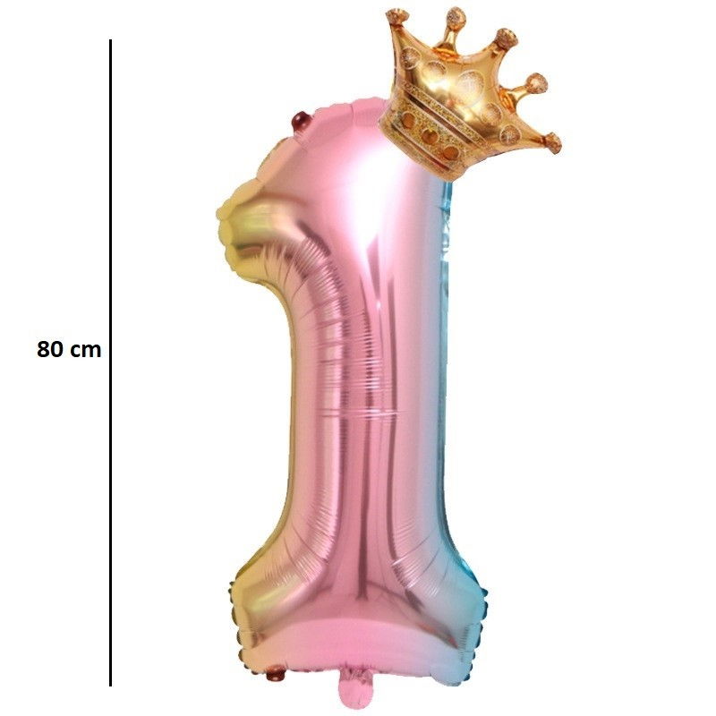 Balon din Folie Metalizata, Flippy, Figurina Cifra Gradient, Tema Aniversare 80 cm, Ambalaj Individual, Pai inclus, Umflare cu Aer sau Heliu, Coronita, Cifra 1 [3]