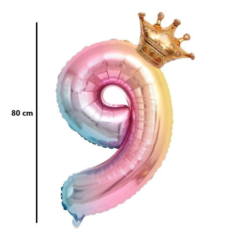 Balon din Folie Metalizata, Flippy, Figurina Cifra Gradient, Tema Aniversare 80 cm, Ambalaj Individual, Pai inclus, Umflare cu Aer sau Heliu, Coronita, Cifra 9 [8]