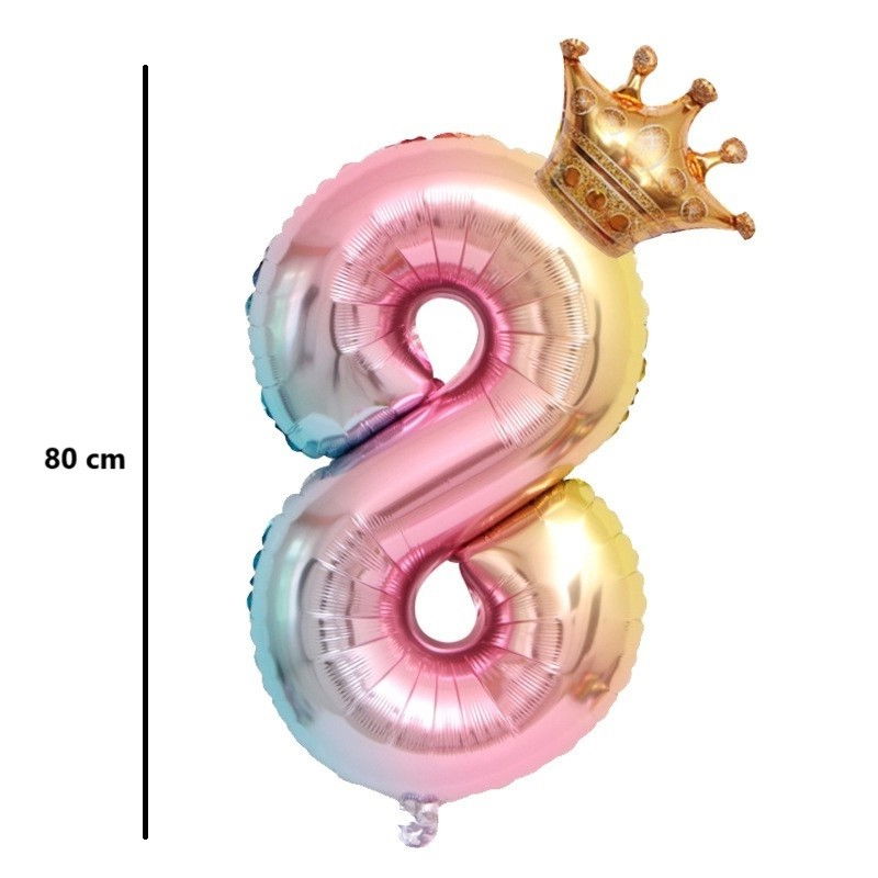 Balon din Folie Metalizata, Flippy, Figurina Cifra Gradient, Tema Aniversare 80 cm, Ambalaj Individual, Pai inclus, Umflare cu Aer sau Heliu, Coronita, Cifra 8 [6]