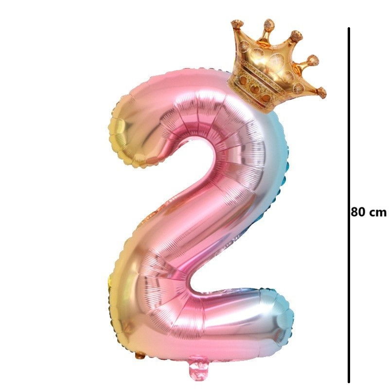 Balon din Folie Metalizata, Flippy, Figurina Cifra Gradient, Tema Aniversare 80 cm, Ambalaj Individual, Pai inclus, Umflare cu Aer sau Heliu, Coronita, Cifra 2 [6]
