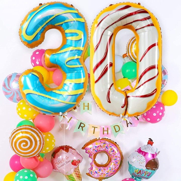 Balon din Folie Metalizata Flippy, Figurina Cifra, Imprimeu Gogosi, Tema Aniversare 100 cm, Ambalaj Individual, Pai inclus, Umflare cu Aer sau Heliu, Multicolor, Cifra 3 [6]