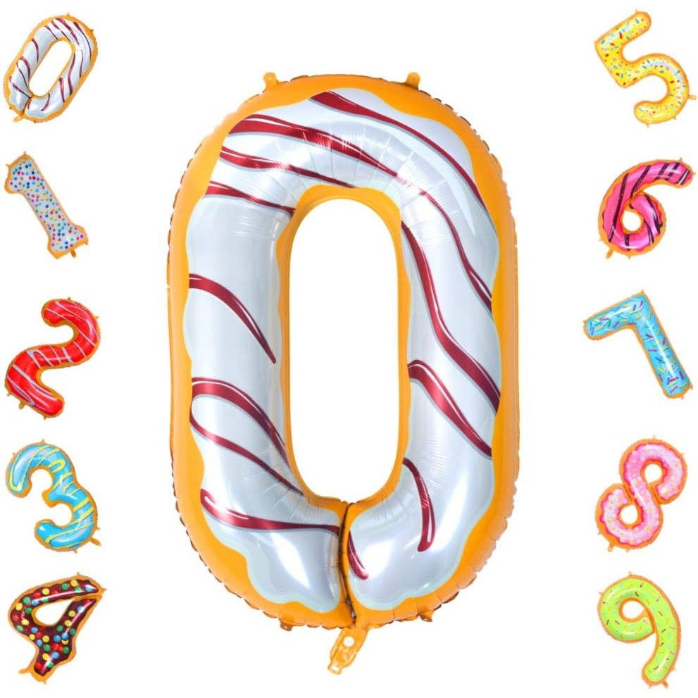 Balon din Folie Metalizata Flippy, Figurina Cifra, Imprimeu Gogosi, Tema Aniversare 100 cm, Ambalaj Individual, Pai inclus, Umflare cu Aer sau Heliu, Multicolor, Cifra 0 [13]