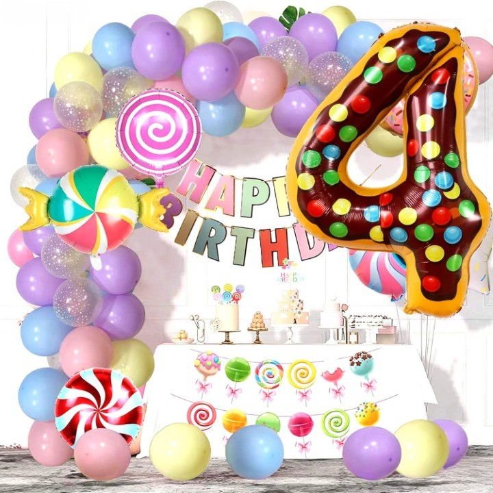 Balon din Folie Metalizata Flippy, Figurina Cifra, Imprimeu Gogosi, Tema Aniversare 100 cm, Ambalaj Individual, Pai inclus, Umflare cu Aer sau Heliu, Multicolor, Cifra 4 [5]