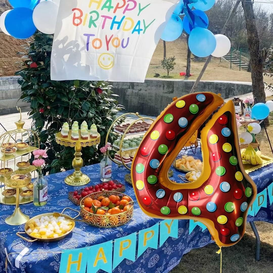 Balon din Folie Metalizata Flippy, Figurina Cifra, Imprimeu Gogosi, Tema Aniversare 100 cm, Ambalaj Individual, Pai inclus, Umflare cu Aer sau Heliu, Multicolor, Cifra 4 [7]