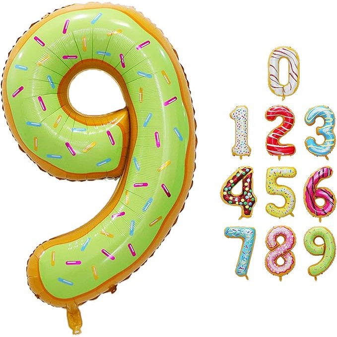 Balon din Folie Metalizata Flippy, Figurina Cifra, Imprimeu Gogosi, Tema Aniversare 100 cm, Ambalaj Individual, Pai inclus, Umflare cu Aer sau Heliu, Multicolor, Cifra 9 [7]