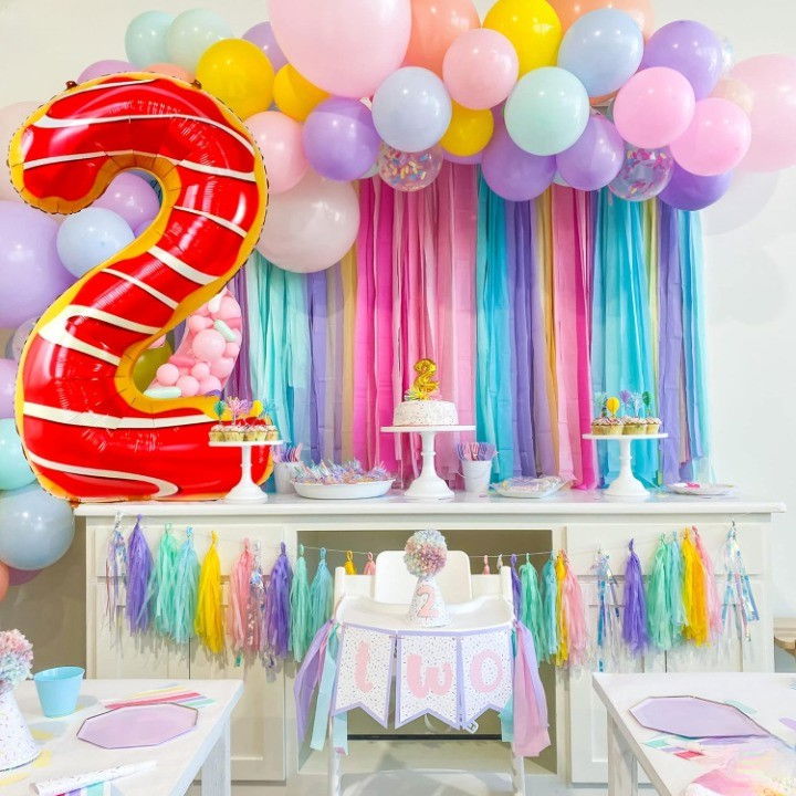 Balon din Folie Metalizata Flippy, Figurina Cifra, Imprimeu Gogosi, Tema Aniversare 100 cm, Ambalaj Individual, Pai inclus, Umflare cu Aer sau Heliu, Multicolor, Cifra 2 [2]