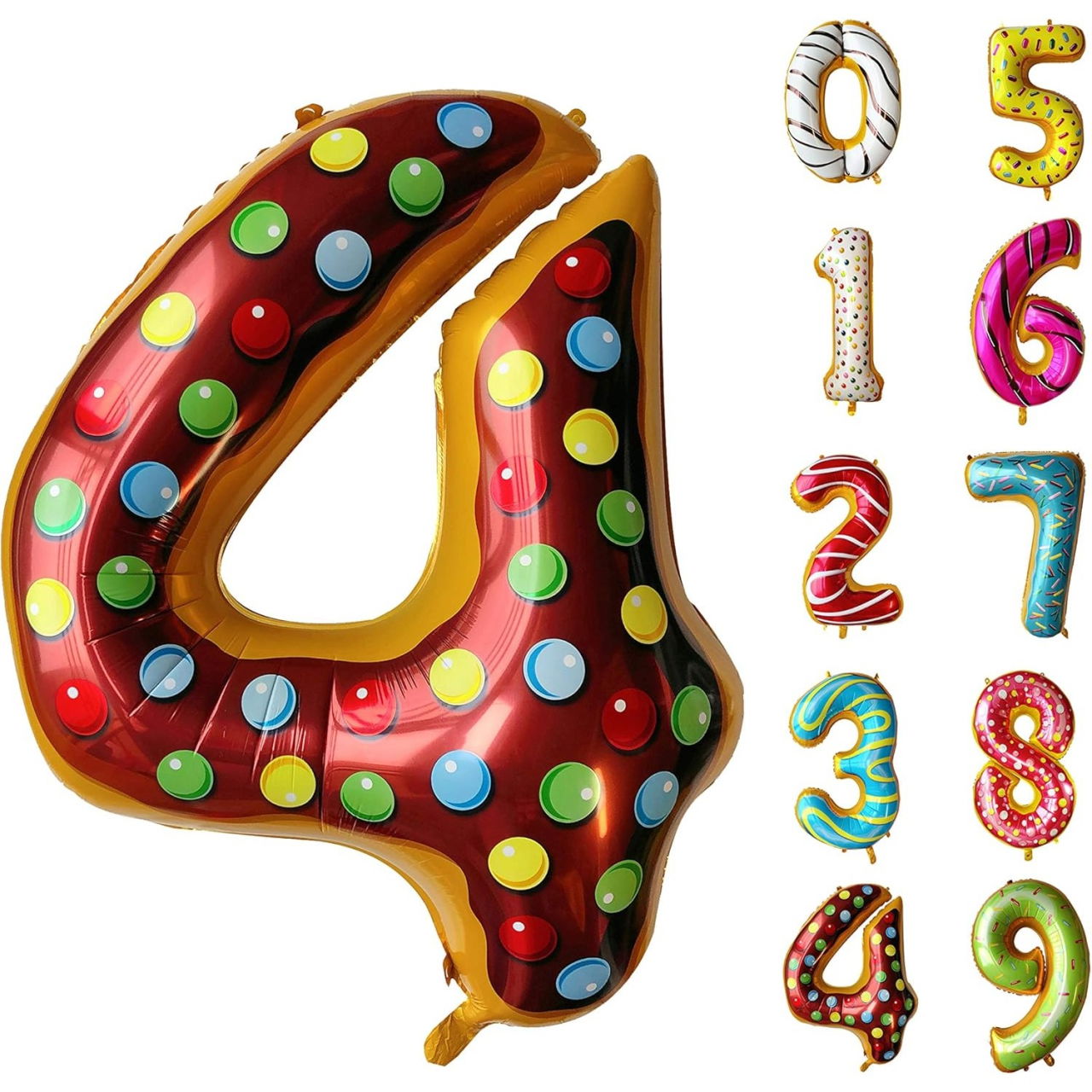 Balon din Folie Metalizata Flippy, Figurina Cifra, Imprimeu Gogosi, Tema Aniversare 100 cm, Ambalaj Individual, Pai inclus, Umflare cu Aer sau Heliu, Multicolor, Cifra 4 [11]