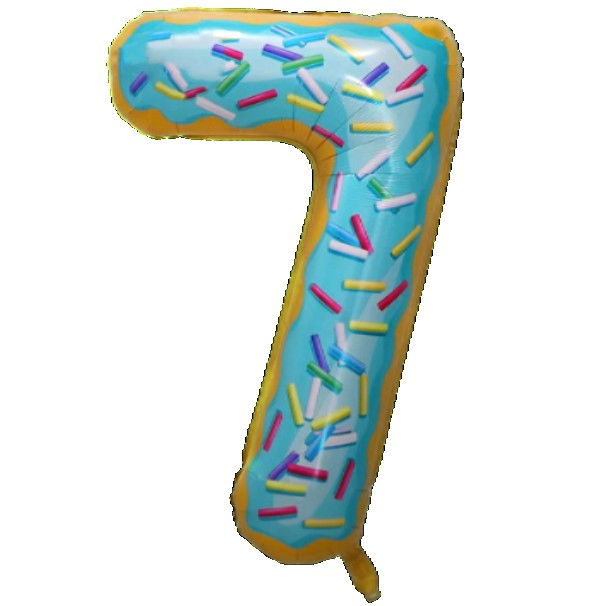 Balon din Folie Metalizata Flippy, Figurina Cifra, Imprimeu Gogosi, Tema Aniversare 100 cm, Ambalaj Individual, Pai inclus, Umflare cu Aer sau Heliu, Multicolor, Cifra 7 [1]