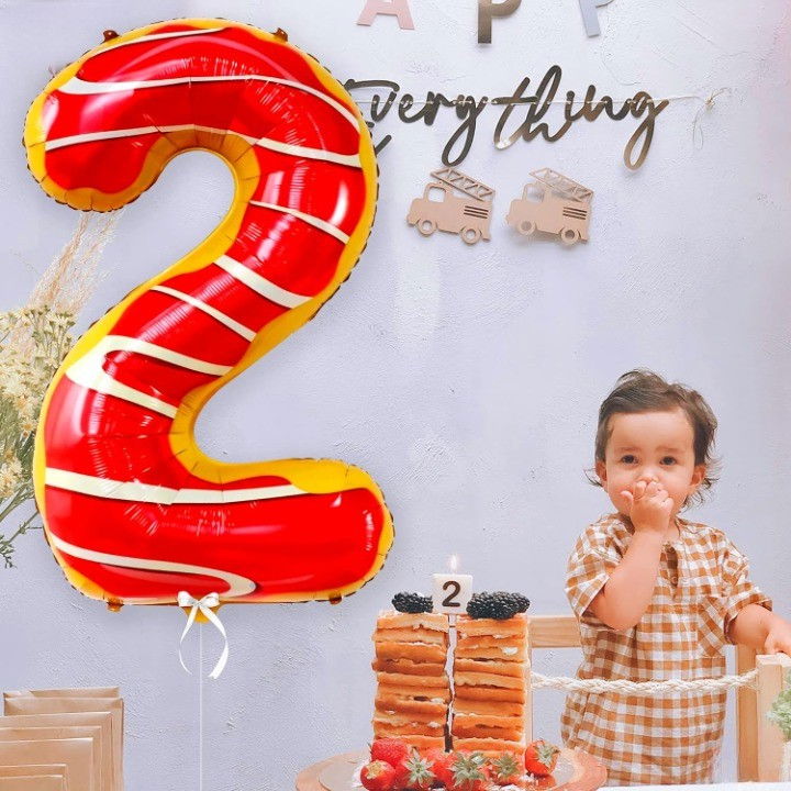 Balon din Folie Metalizata Flippy, Figurina Cifra, Imprimeu Gogosi, Tema Aniversare 100 cm, Ambalaj Individual, Pai inclus, Umflare cu Aer sau Heliu, Multicolor, Cifra 2 [4]