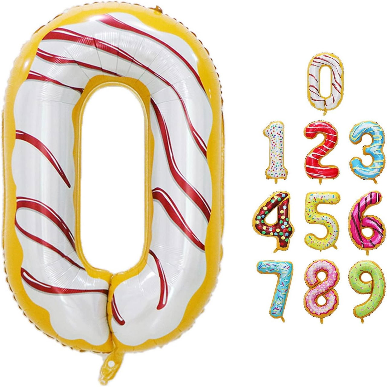 Balon din Folie Metalizata Flippy, Figurina Cifra, Imprimeu Gogosi, Tema Aniversare 100 cm, Ambalaj Individual, Pai inclus, Umflare cu Aer sau Heliu, Multicolor, Cifra 0 [11]