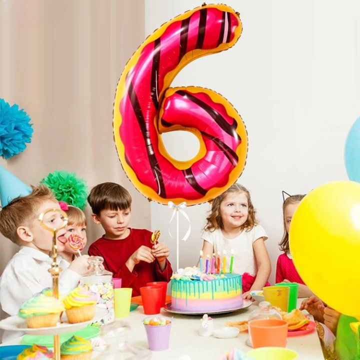 Balon din Folie Metalizata Flippy, Figurina Cifra, Imprimeu Gogosi, Tema Aniversare 100 cm, Ambalaj Individual, Pai inclus, Umflare cu Aer sau Heliu, Multicolor, Cifra 6 [2]