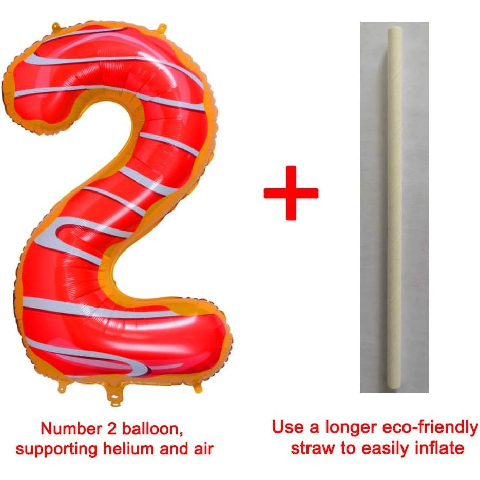 Balon din Folie Metalizata Flippy, Figurina Cifra, Imprimeu Gogosi, Tema Aniversare 100 cm, Ambalaj Individual, Pai inclus, Umflare cu Aer sau Heliu, Multicolor, Cifra 2 [8]