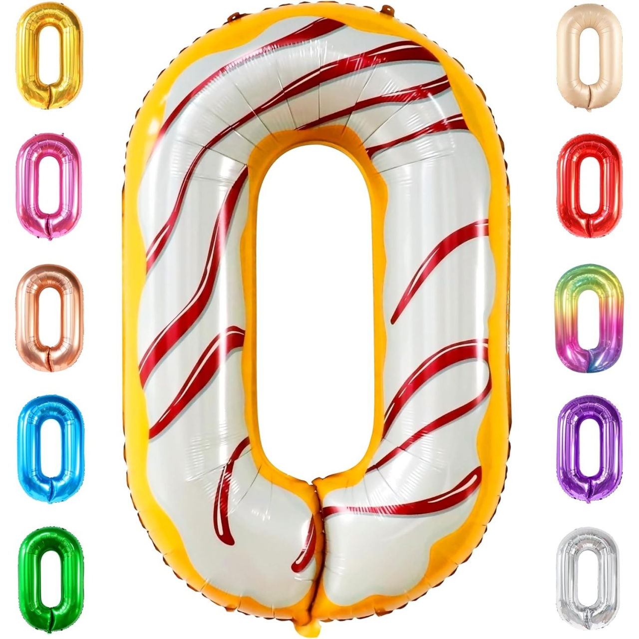 Balon din Folie Metalizata Flippy, Figurina Cifra, Imprimeu Gogosi, Tema Aniversare 100 cm, Ambalaj Individual, Pai inclus, Umflare cu Aer sau Heliu, Multicolor, Cifra 0 [9]