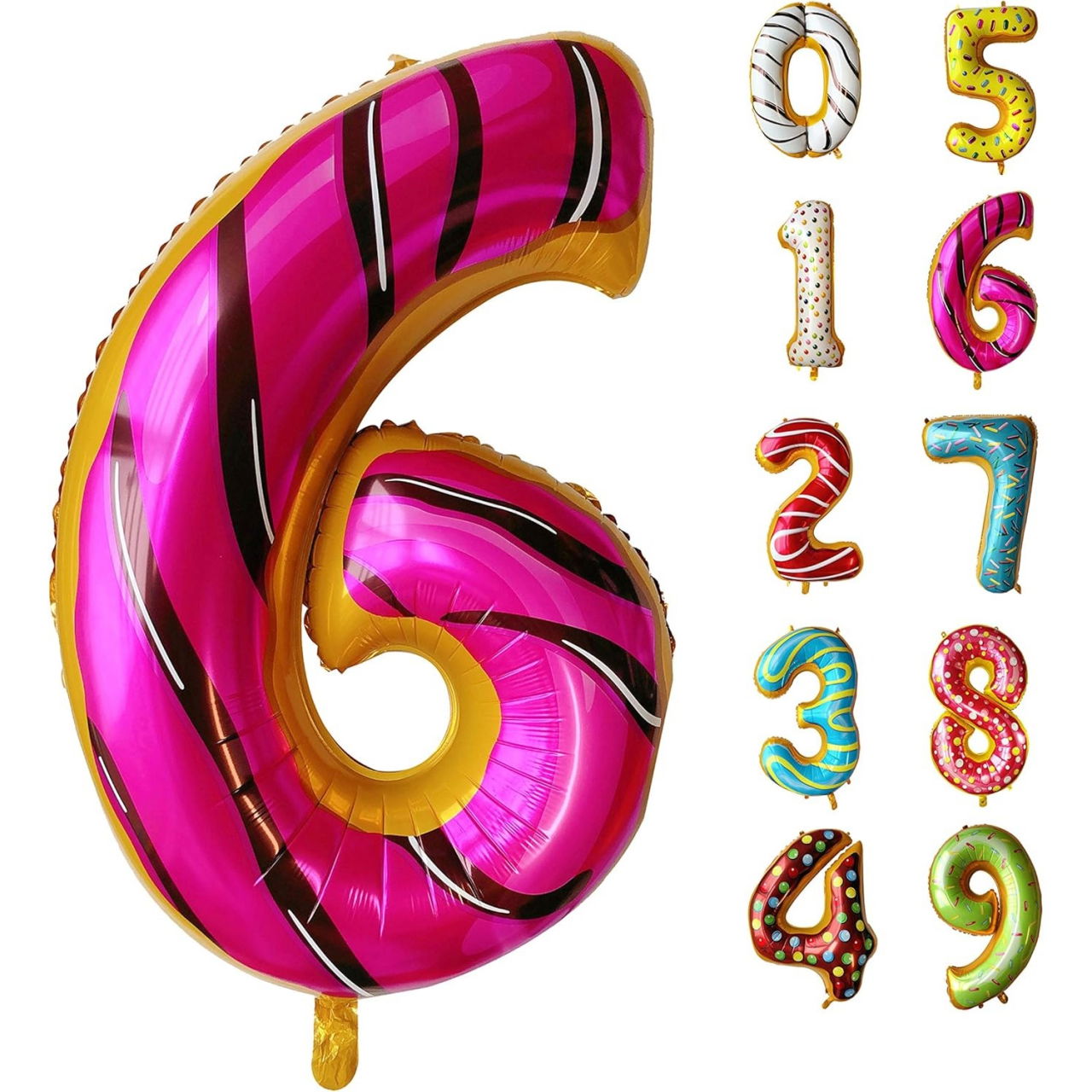 Balon din Folie Metalizata Flippy, Figurina Cifra, Imprimeu Gogosi, Tema Aniversare 100 cm, Ambalaj Individual, Pai inclus, Umflare cu Aer sau Heliu, Multicolor, Cifra 6 [10]