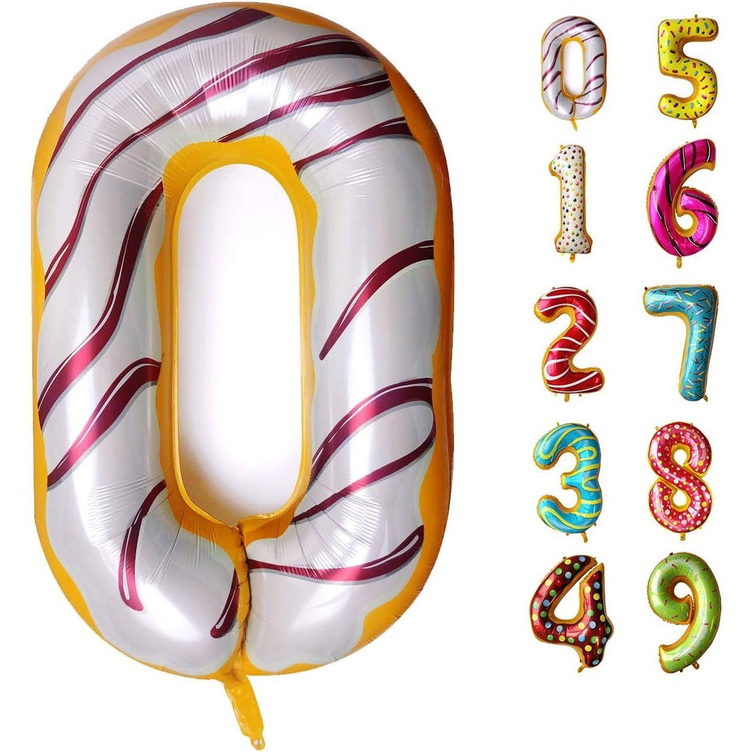 Balon din Folie Metalizata Flippy, Figurina Cifra, Imprimeu Gogosi, Tema Aniversare 100 cm, Ambalaj Individual, Pai inclus, Umflare cu Aer sau Heliu, Multicolor, Cifra 0 [8]