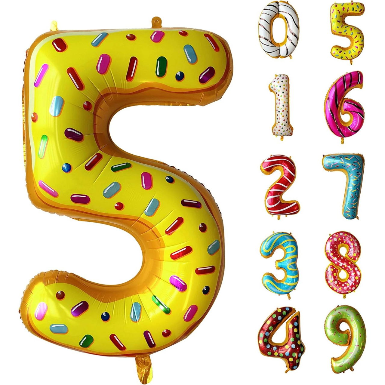 Balon din Folie Metalizata Flippy, Figurina Cifra, Imprimeu Gogosi, Tema Aniversare 100 cm, Ambalaj Individual, Pai inclus, Umflare cu Aer sau Heliu, Multicolor, Cifra 5 [7]