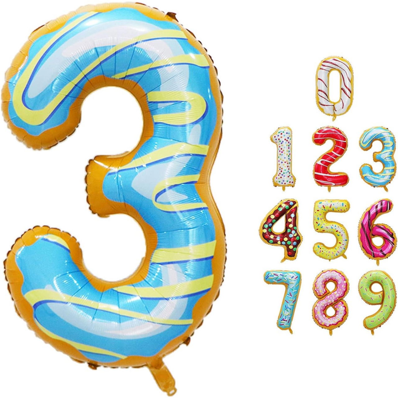 Balon din Folie Metalizata Flippy, Figurina Cifra, Imprimeu Gogosi, Tema Aniversare 100 cm, Ambalaj Individual, Pai inclus, Umflare cu Aer sau Heliu, Multicolor, Cifra 3 [11]